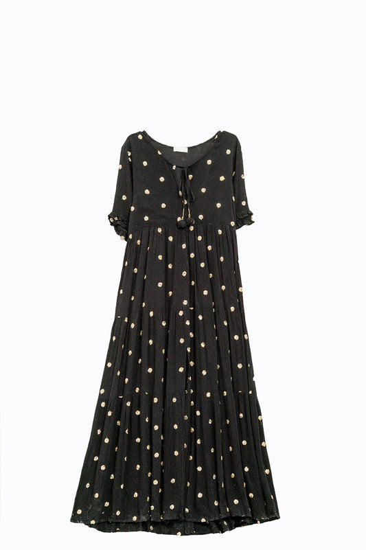 Q2 Robe Maxi A-line en noir avec cirkels en paillettes d'or