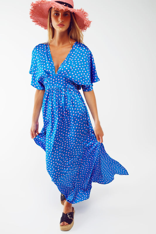 Q2 Robe maxi cintrée à la taille avec manches évasées en pois bleus