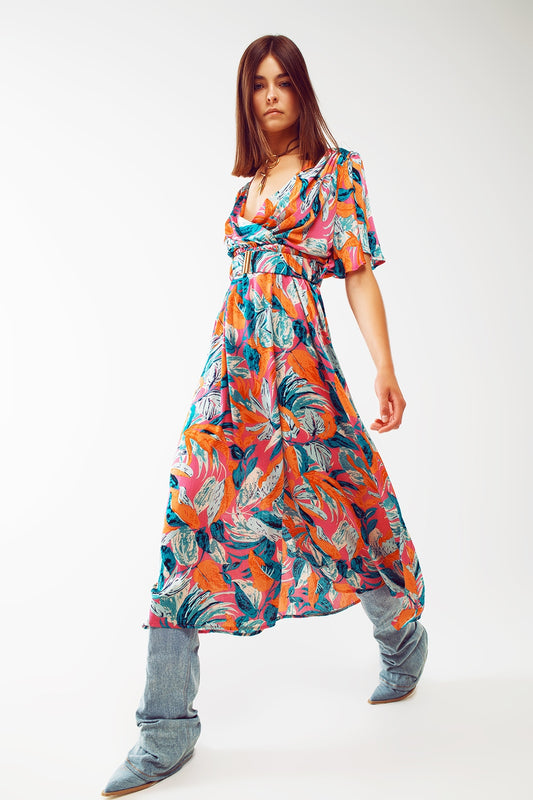 Q2 Robe Maxi croisée ceinturée avec imprimé floral en orange