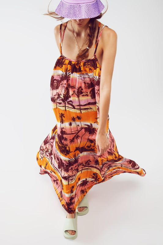 Q2 Robe maxi décontractée à dos ouvert avec imprimé rose tropical