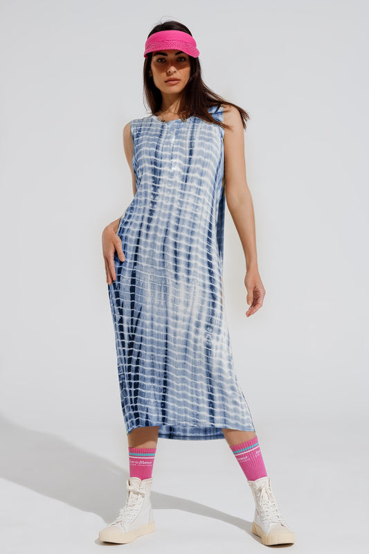Q2 Robe maxi décontractée Tie dye en nuances de bleu