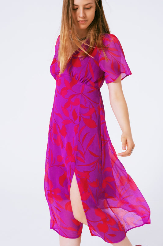 Q2 Robe maxi en mousseline à fleurs avec manches courtes et col V
