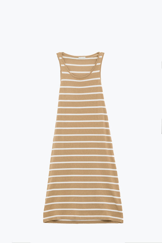 Q2 Robe maxi Tank à encolure dégagée en beige avec des rayures blanches