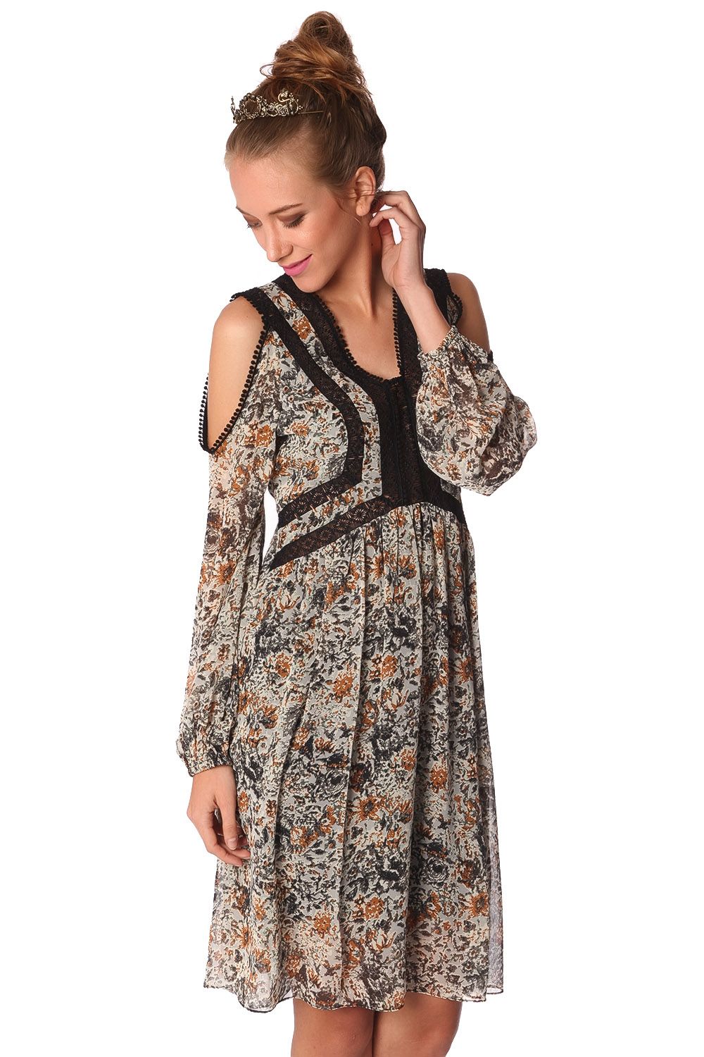 Q2 Robe mi-longue à imprimé floral bleu et empiècements au crochet