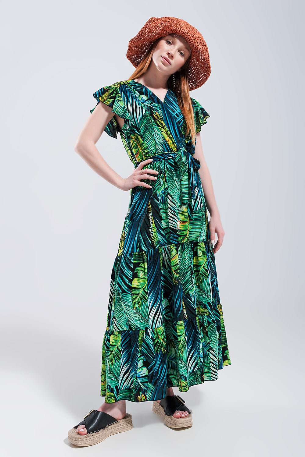 Robe mi longue à manches courtes avec imprimé tropical