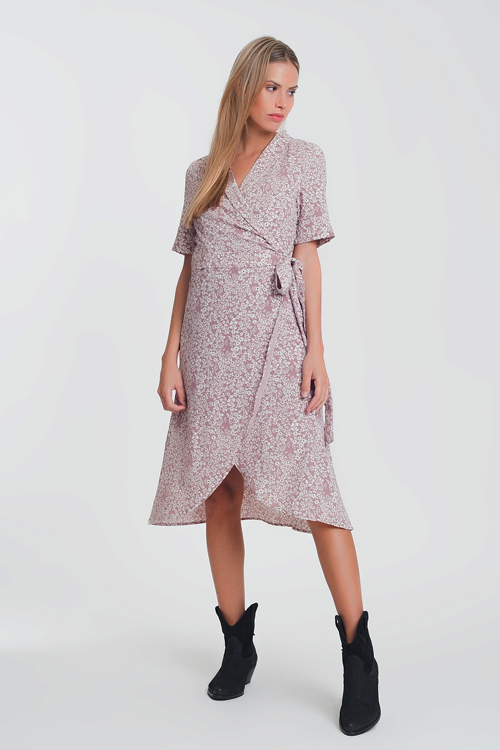 Q2 Robe mi-longue cache-cœur à fleurs rose