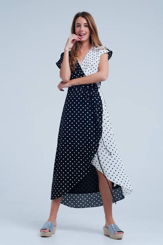 Q2 Robe mi-longue noir croisée asymétrique à imprimé pois variés