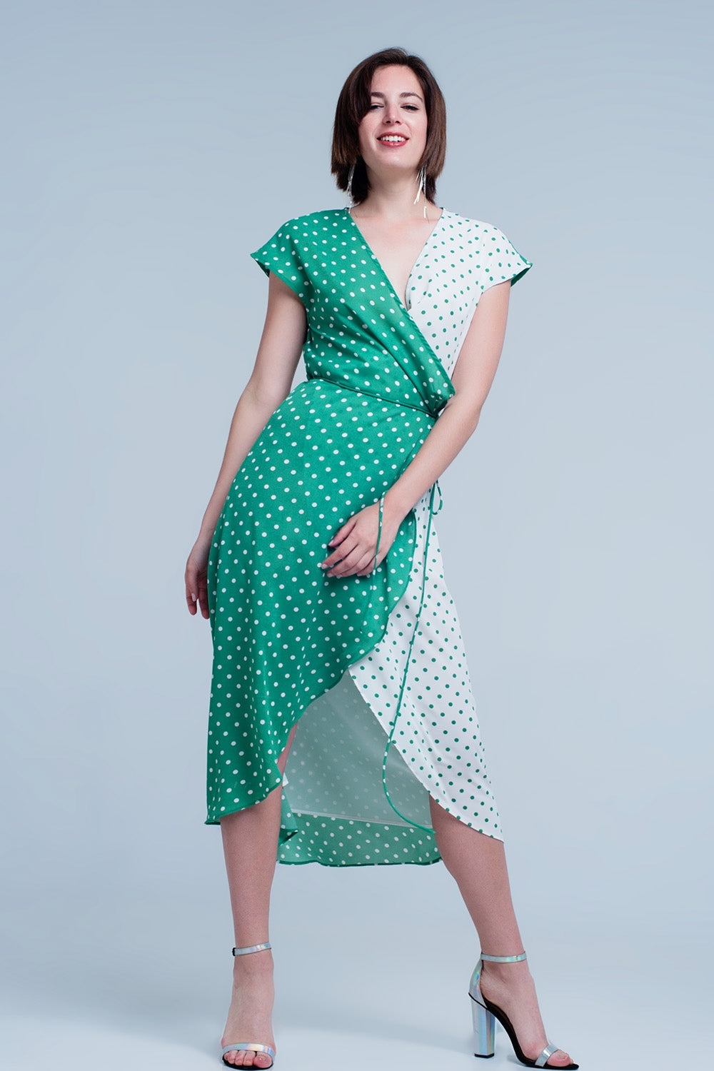 Q2 Robe mi-longue Vert croisée asymétrique à imprimé pois variés