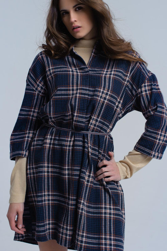 Q2 Robe midi à carreaux navy