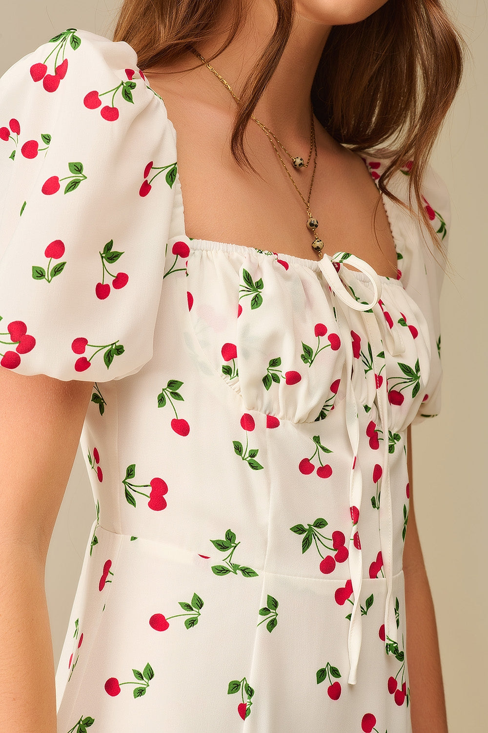 Robe midi à manches bouffantes imprimée cerise