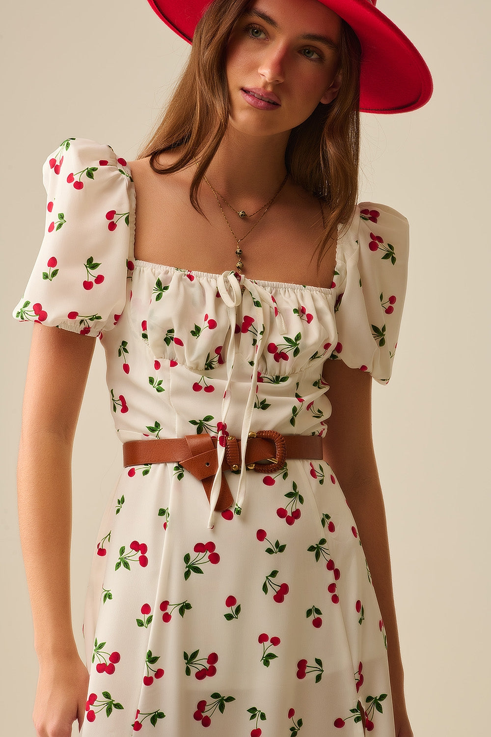 Robe midi à manches bouffantes imprimée cerise