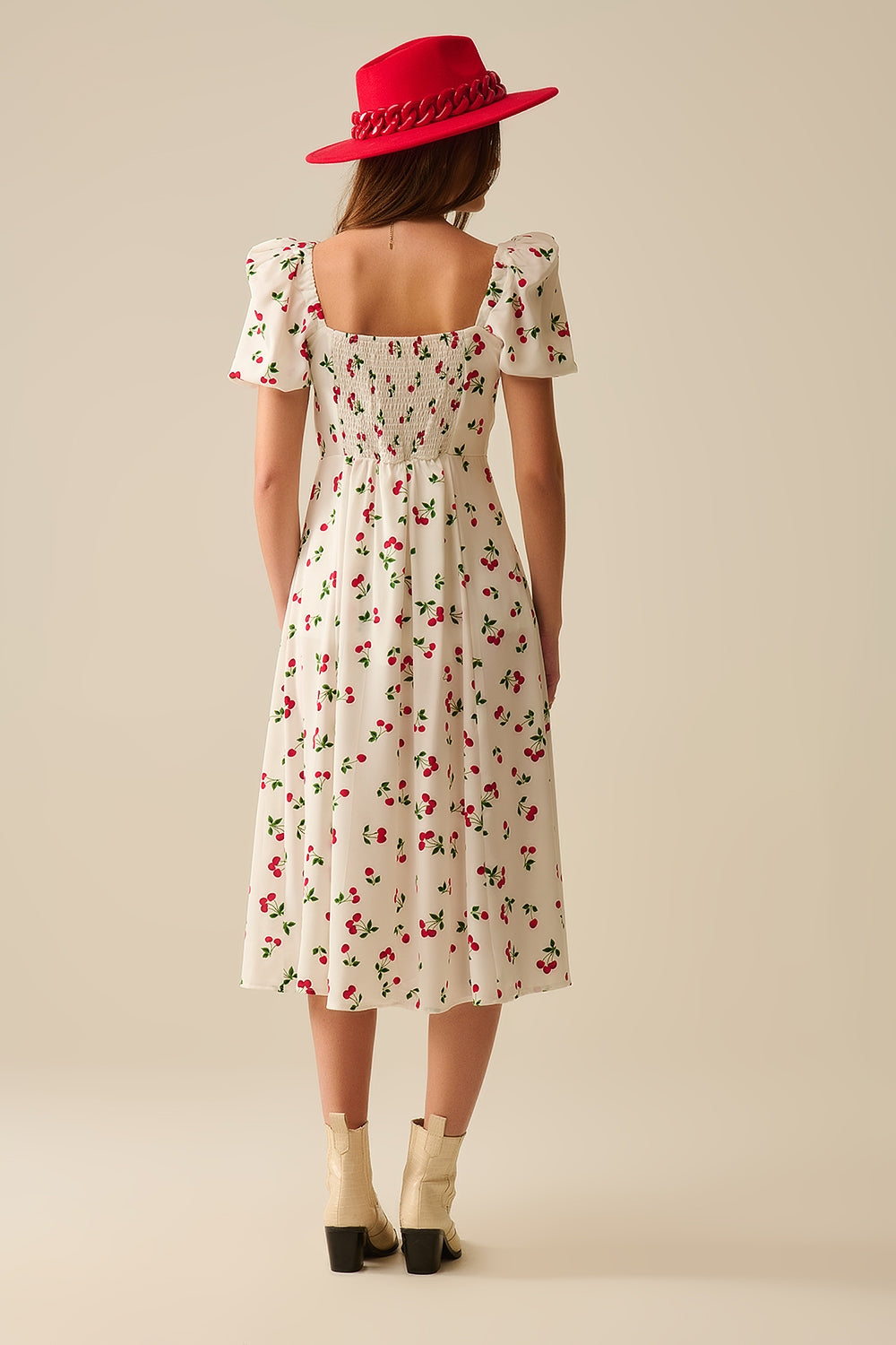 Robe midi à manches bouffantes imprimée cerise