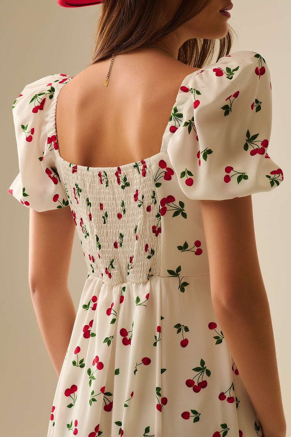 Robe midi à manches bouffantes imprimée cerise