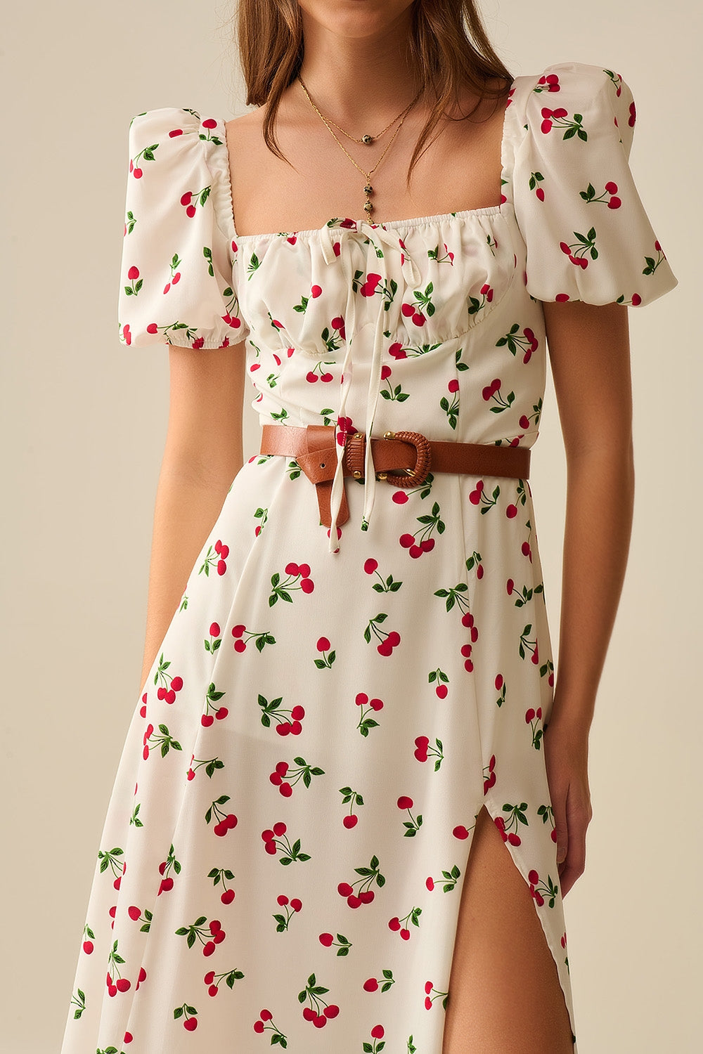 Robe midi à manches bouffantes imprimée cerise
