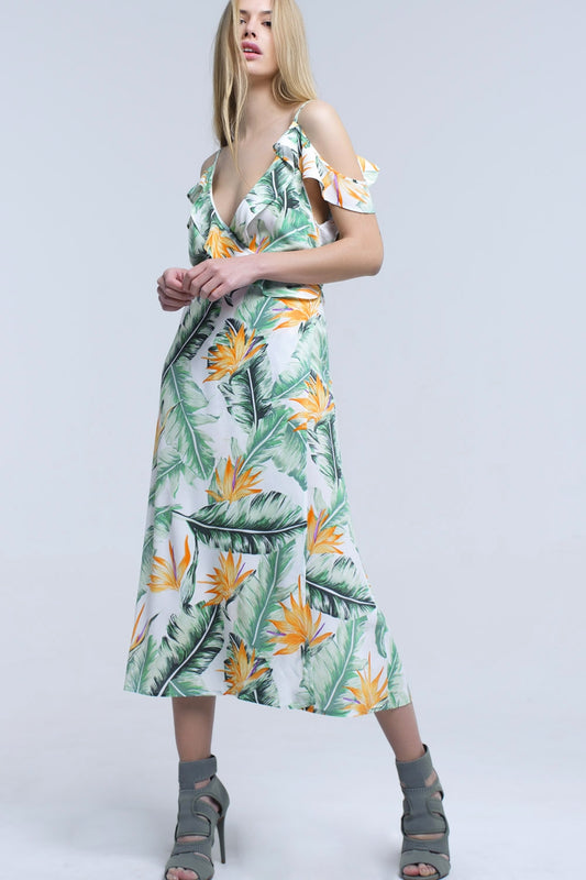 Q2 Robe midi blanche en feuilles tropicales