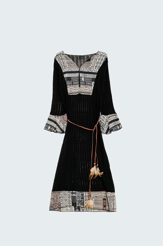 Q2 Robe Midi Côtelée avec Détails d'Impression Tribale et Ceinture