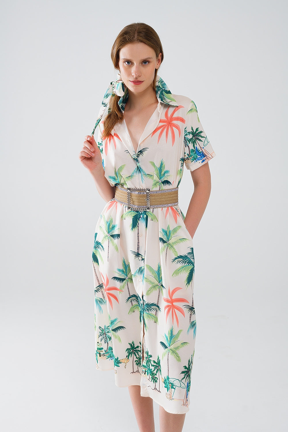 Robe midi crème avec imprimé plage et col polo