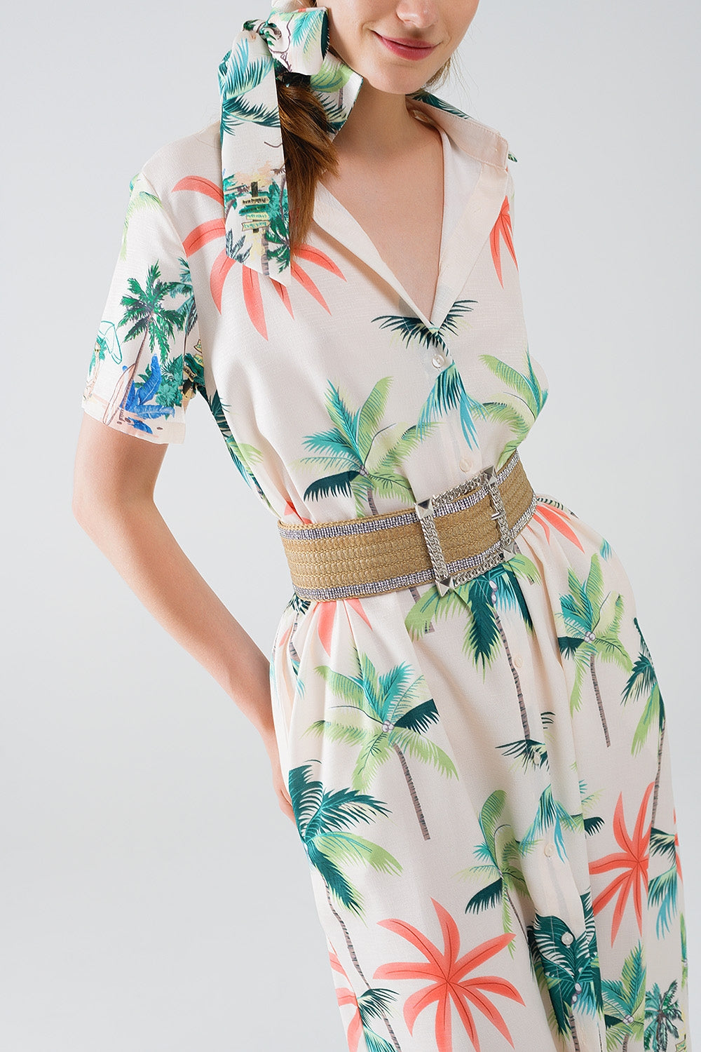 Robe midi crème avec imprimé plage et col polo