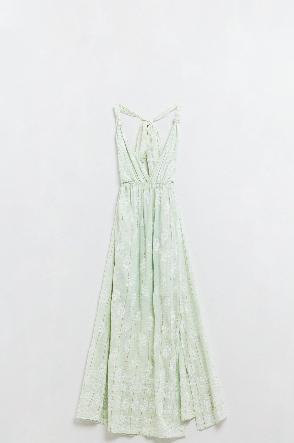 Robe midi dos nu en imprimé feuilles de menthe avec détails en Lurex