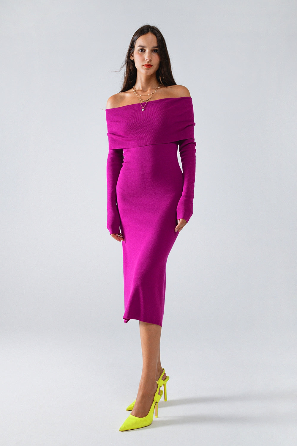 Q2 Robe midi en tricot à volants Badot Magenta