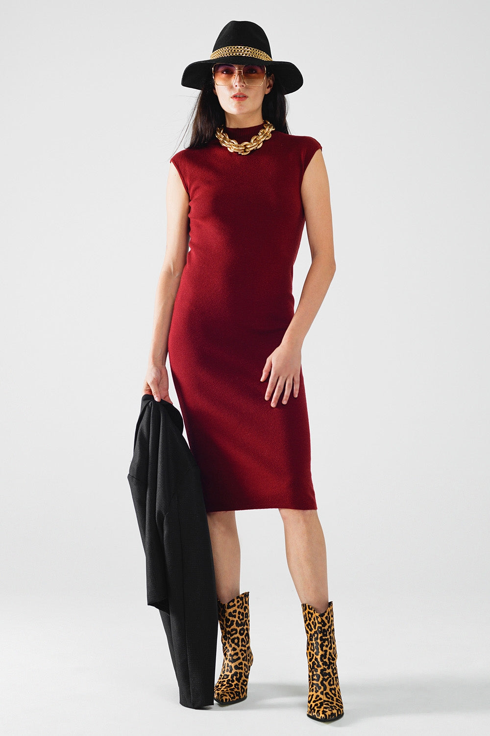 Q2 robe midi moulante sans manches bordeaux