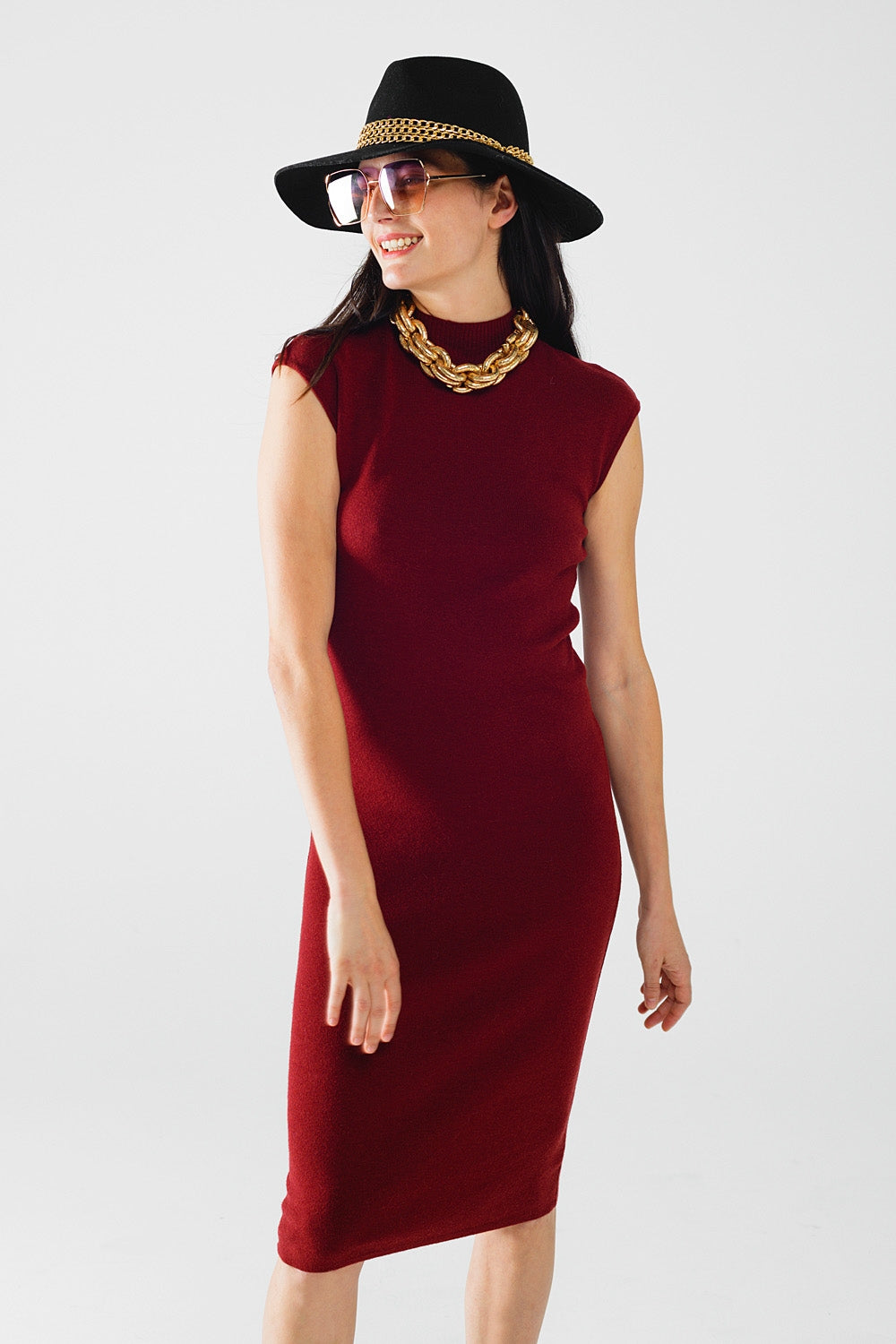 robe midi moulante sans manches bordeaux