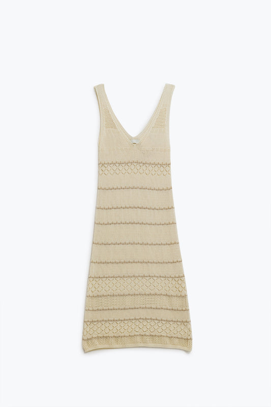 Q2 Robe midi sans manches à col en V et motif en crochet de couleur crème