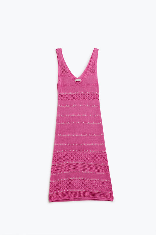 Q2 Robe midi sans manches à col en V et motif en crochet fuchsia