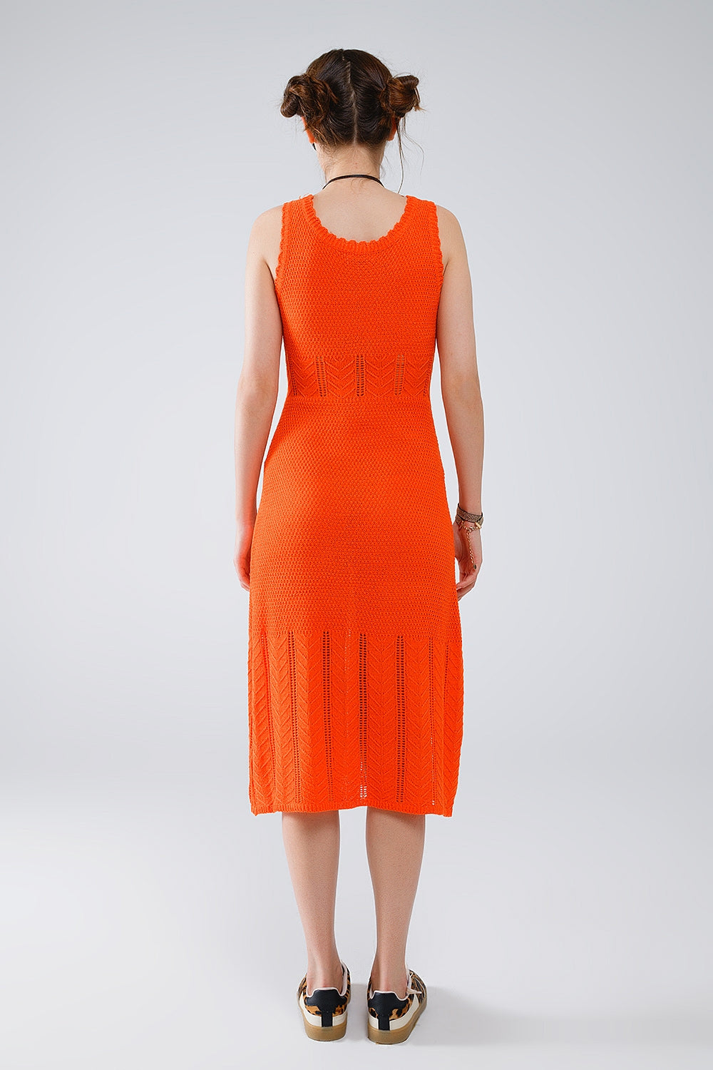 Robe midi sans manches en maille orange à col rond