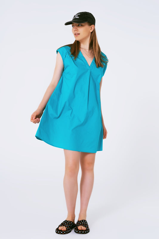 Q2 Robe mini sans manches en popeline turquoise