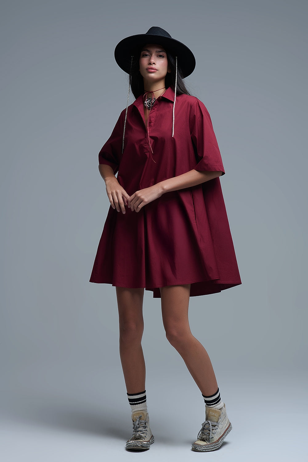 Robe oversize en popeline à manches 3/4 Burgundy