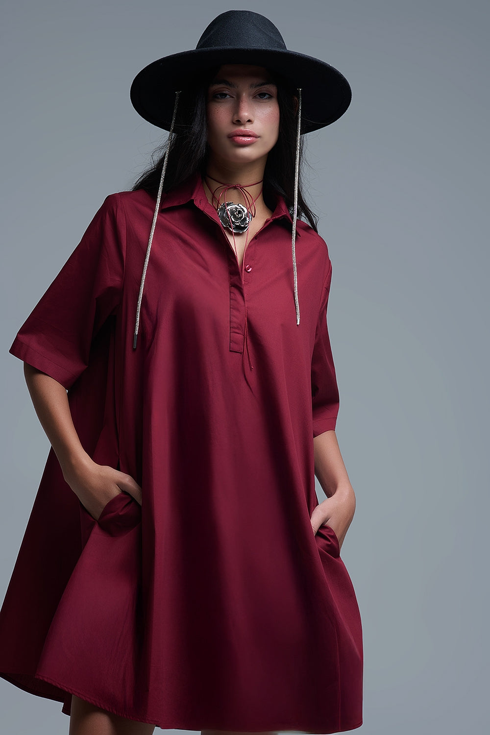 Robe oversize en popeline à manches 3/4 Burgundy