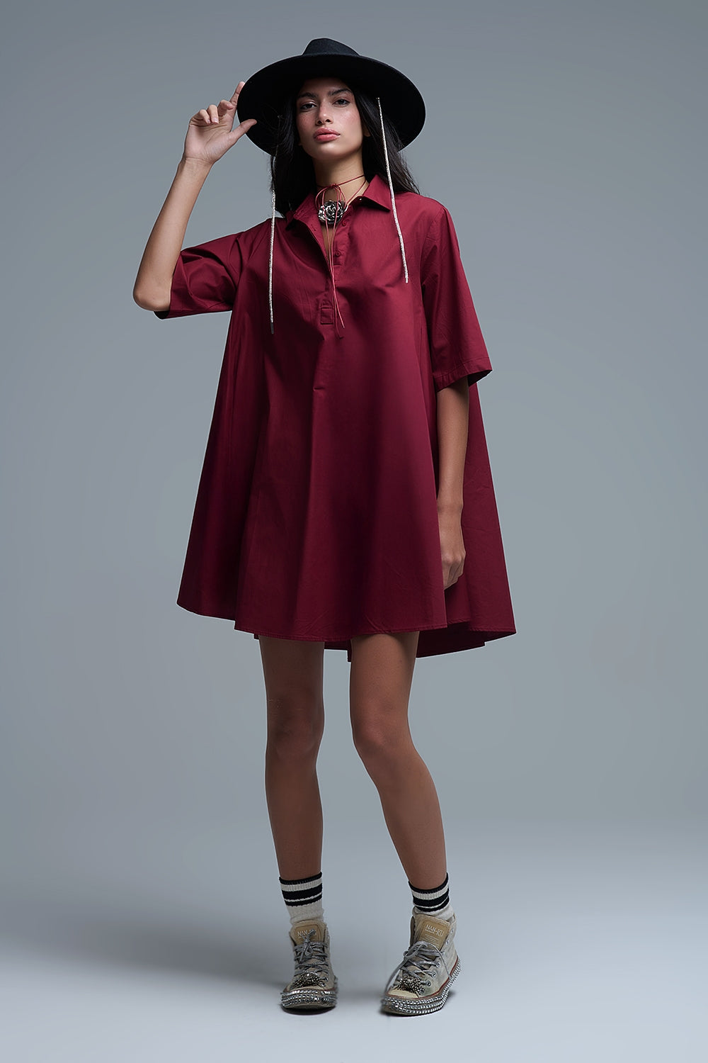 Robe oversize en popeline à manches 3/4 Burgundy