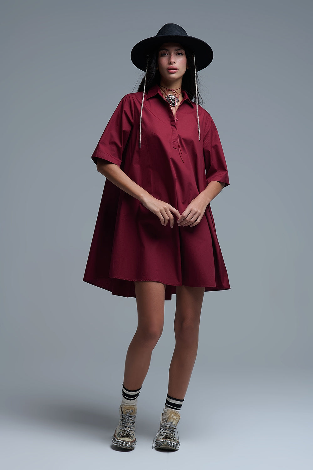 Robe oversize en popeline à manches 3/4 Burgundy