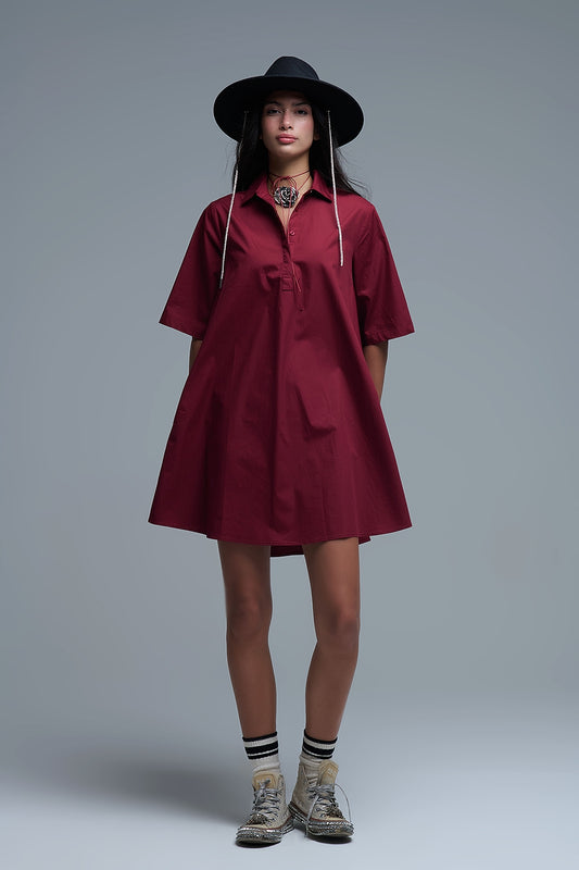 Q2 Robe oversize en popeline à manches 3/4 Burgundy