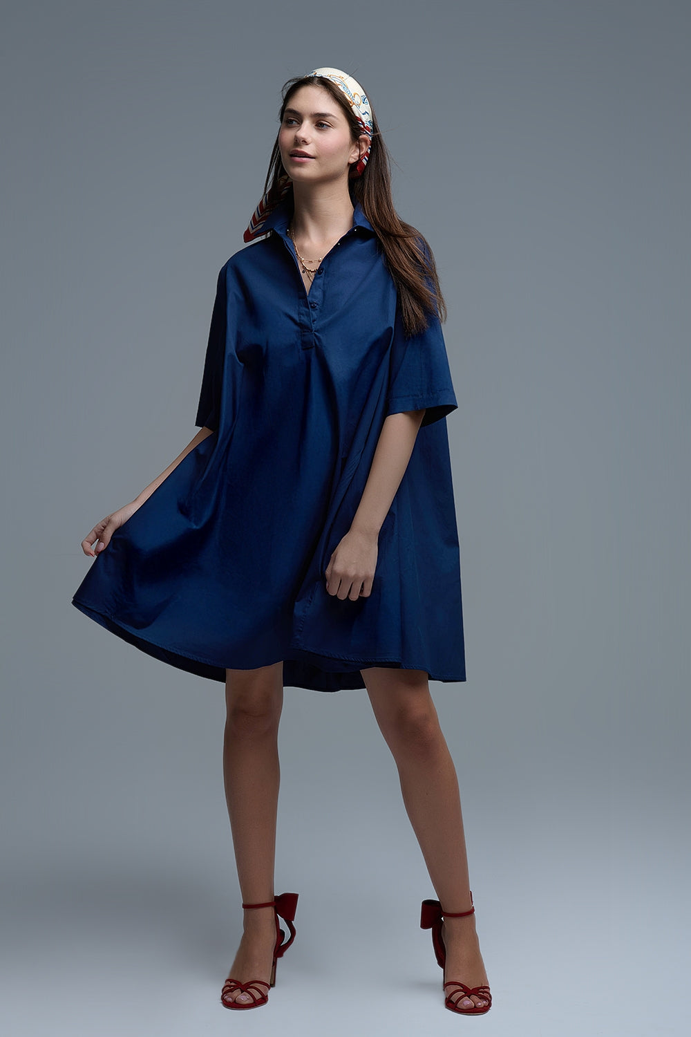 Robe oversize en popeline à manches 3/4 marine
