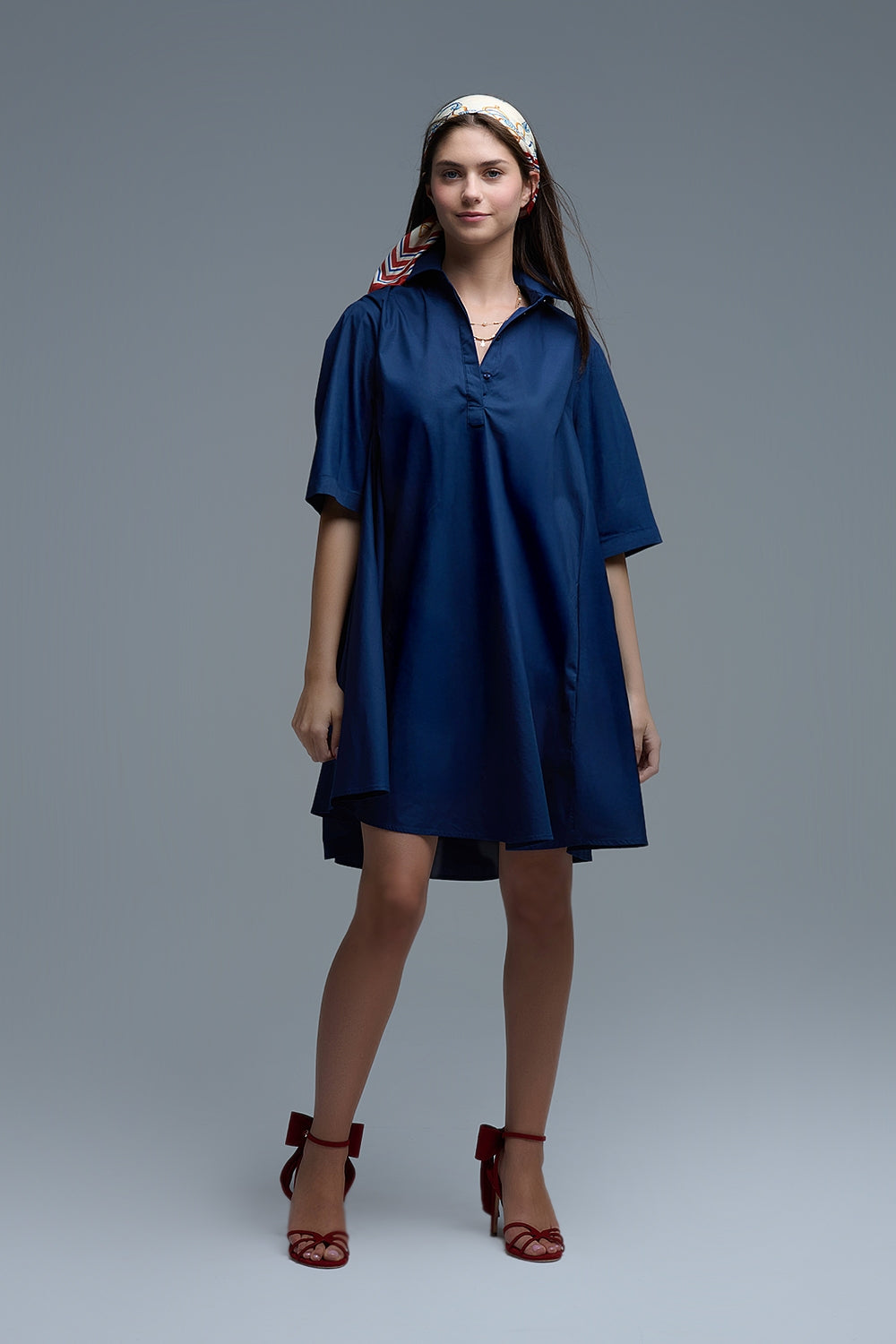 Robe oversize en popeline à manches 3/4 marine