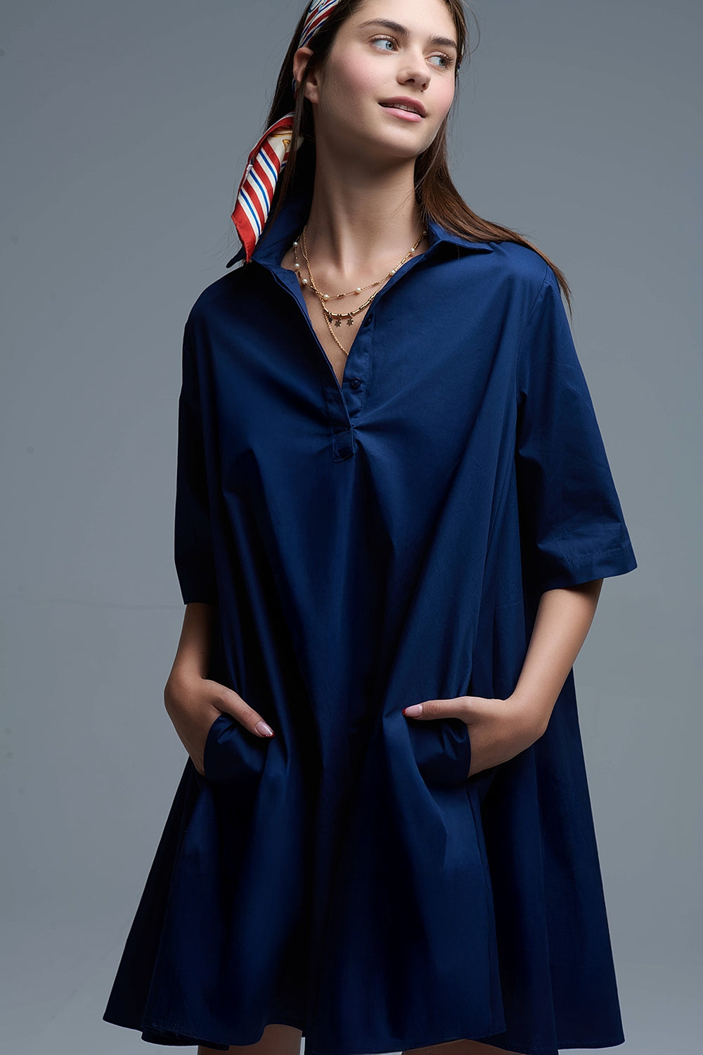 Robe oversize en popeline à manches 3/4 marine