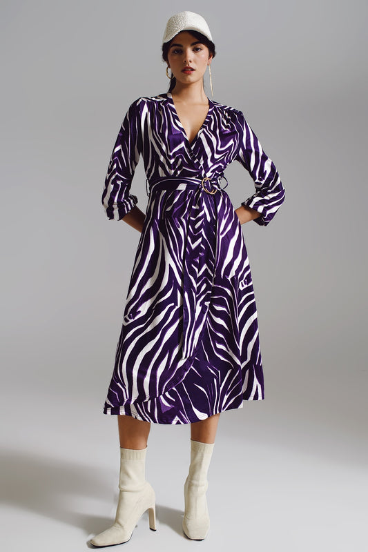 Q2 Robe portefeuille ceinturée Midi à imprimé zèbre violet et crème