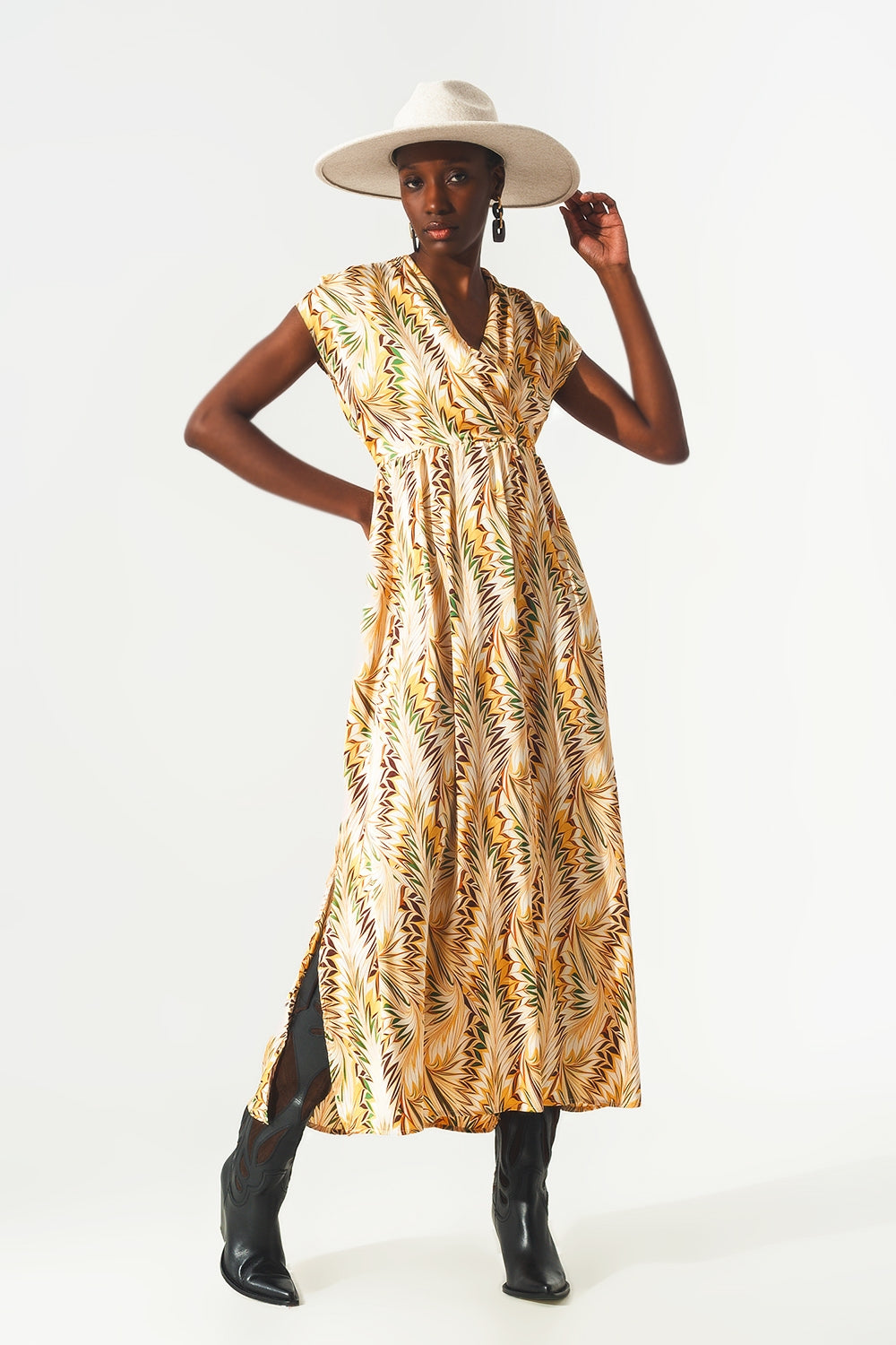 Q2 Robe portefeuille longue à imprimé rétro