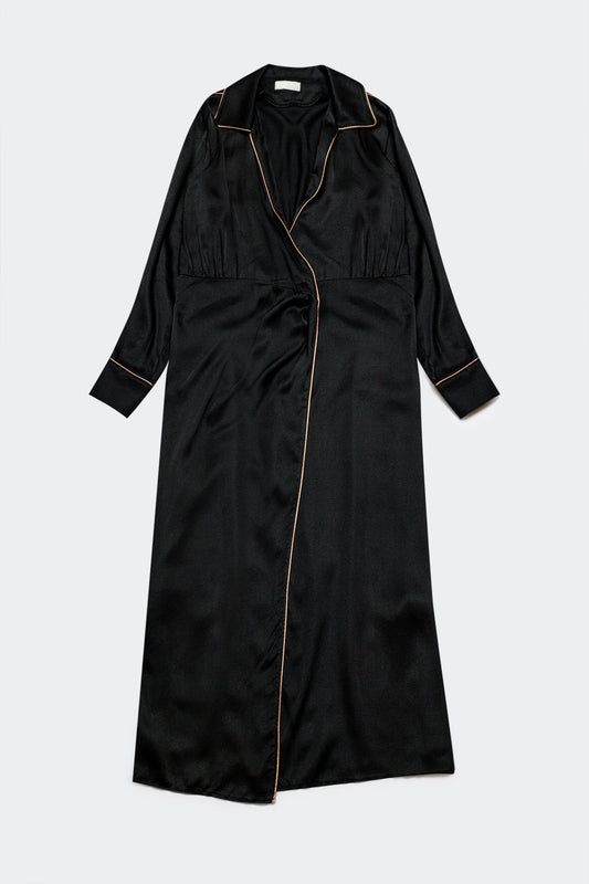 Q2 Robe portefeuille longue en satin Noir