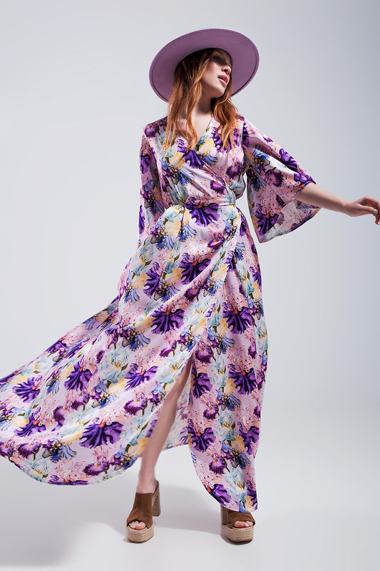 Q2 Robe pourpre longue à manches évasées et à fleurs