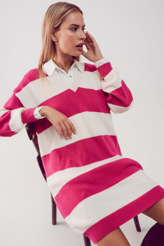 Q2 Robe pull à rayures fuchsia