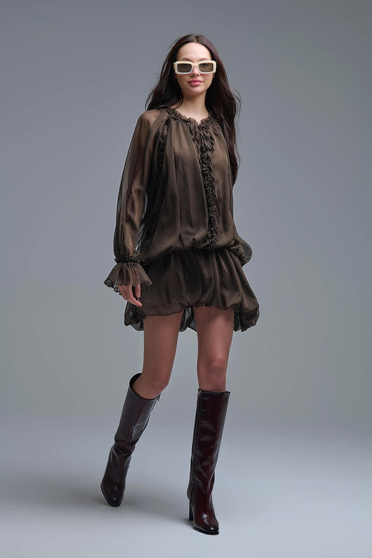Q2 Robe romantique en mousseline de soie marron à taille tombante