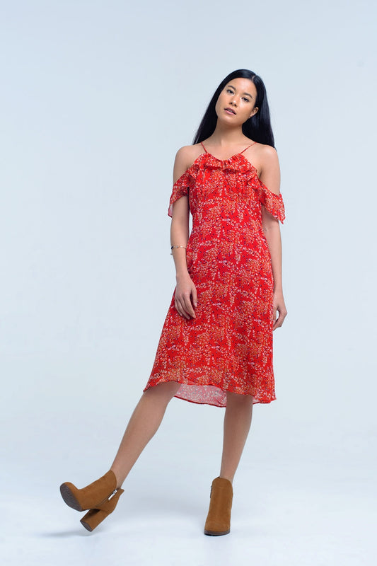 Q2 Robe rouge avec des fleurs imprimées et des volants