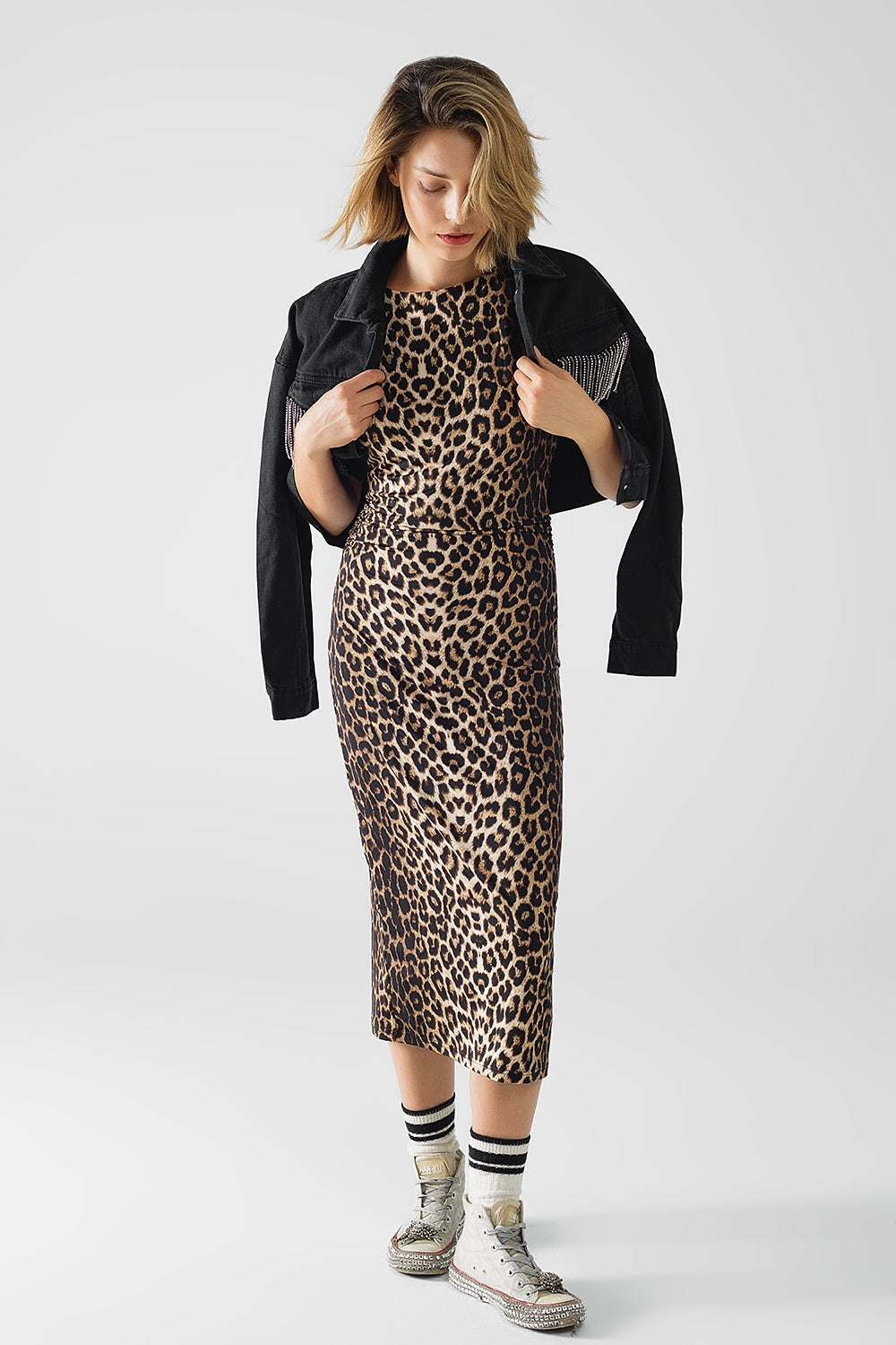 Q2 robe sans manches en Spandex imprimé léopard