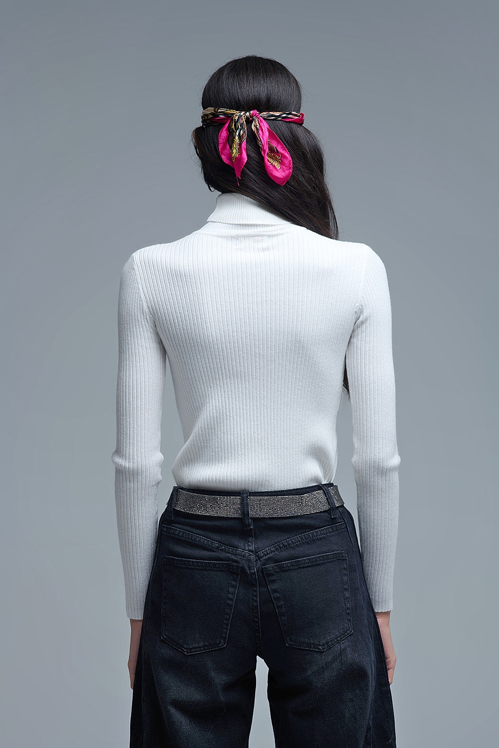 Rolled Turtle Neck Ribbed Sweater in White