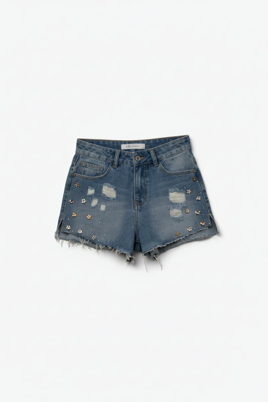Q2 Short en denim brodé délavage léger
