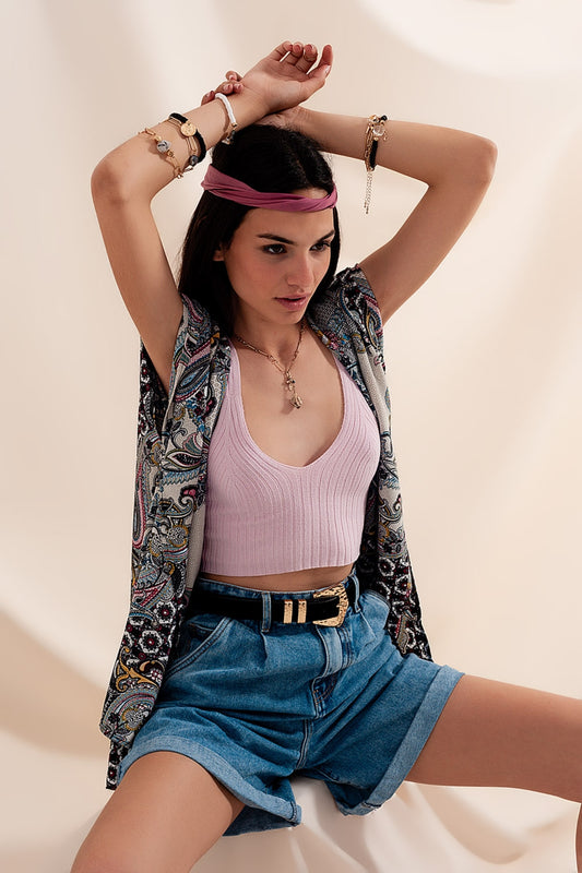 Q2 Short en jean à taille haute et à pinces délavage moyen