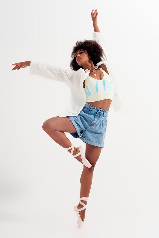 Q2 Short en jean à taille haute et revers retroussés Bleu